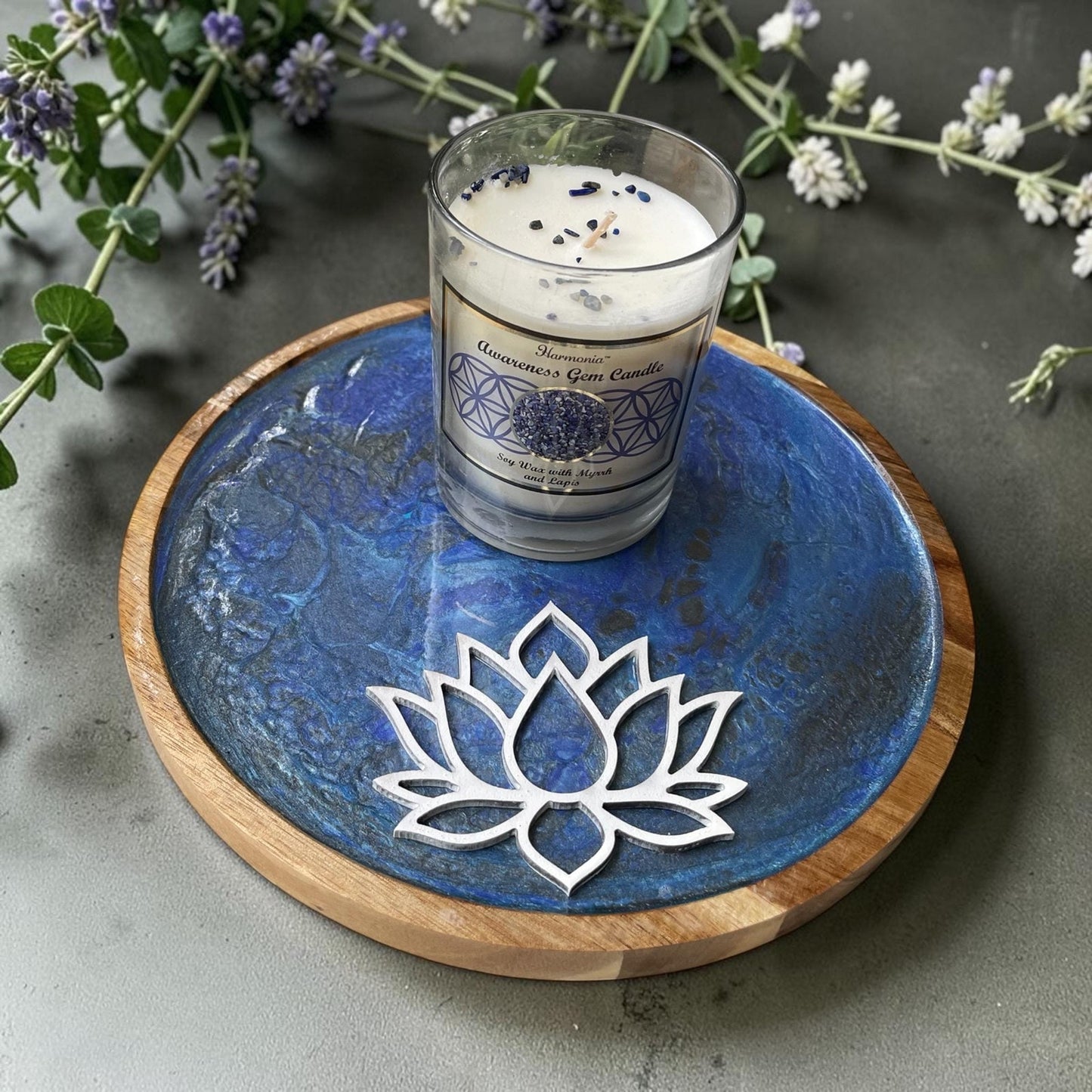 Hand Painted Blue Lotus Tray with Soy Candle Set | Meditation Decor | Acrylic Pour Art | Spiritual Home Decor | One of a Kind Gift