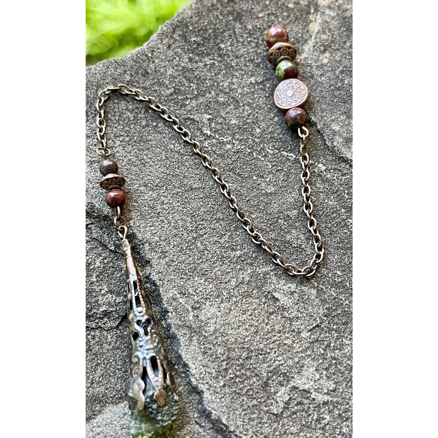 Authentic Moldavite Pendulum | 1.08 Gram Raw Moldavite | Dragon Blood Stone | Includes Certificate of Authenticity Handmade Divination Tool