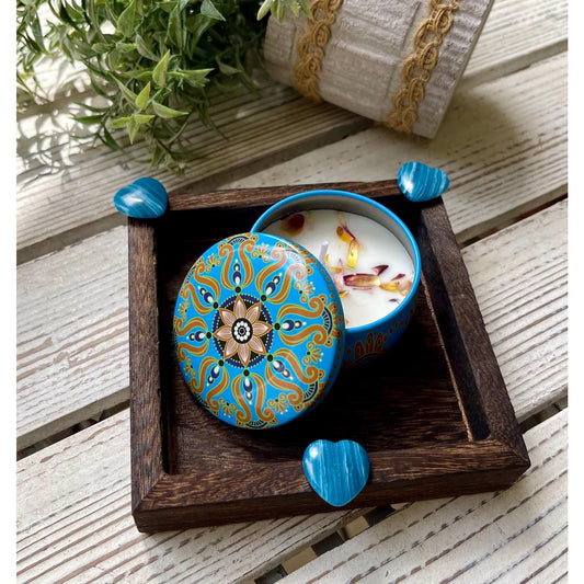 Blue Agate Heart Gift Set | Mini Tray with Soy Candle & Dried Flowers | Crystal Decor | Small Spiritual Gift | Meditation Decor