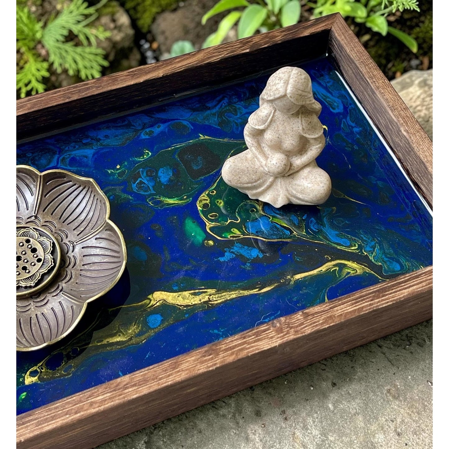 Blue Morpho Abyss Goddess Incense Tray | Handmade Resin Art | Lotus Incense Holder | Spiritual Meditation Decor | 11 x 6