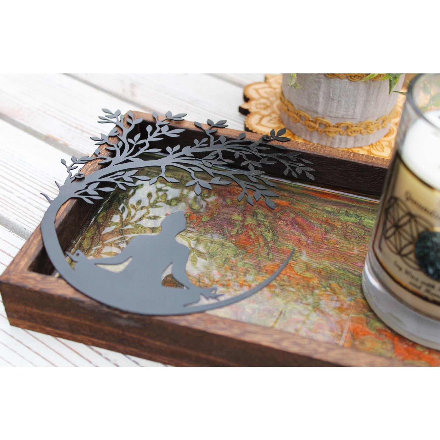 Meditation Altar Set • Resin Wood Tray with Gemstone Soy Candle •