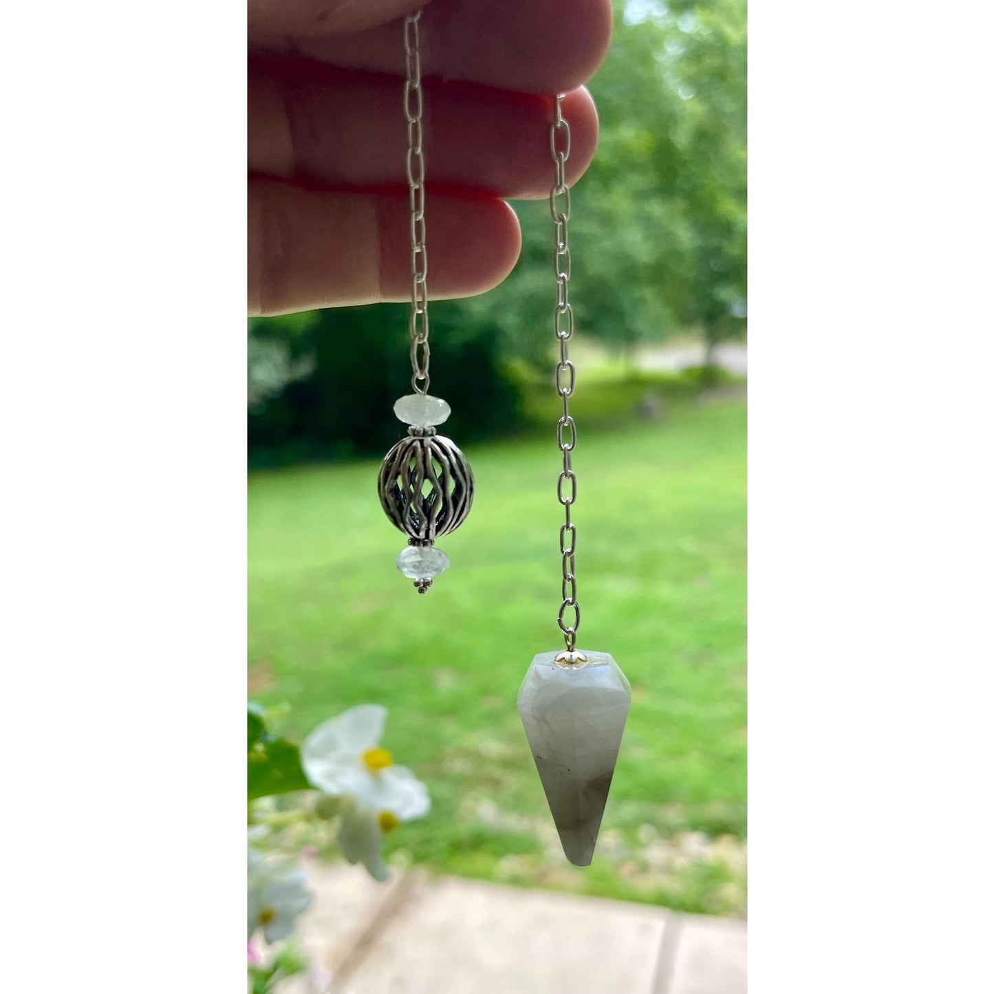 Luxury Moonstone Pendulum with Heavy Sterling Silver Precious Metal Chain | Handcrafted Moonstone Divination Tool | Sterling Silver Handle
