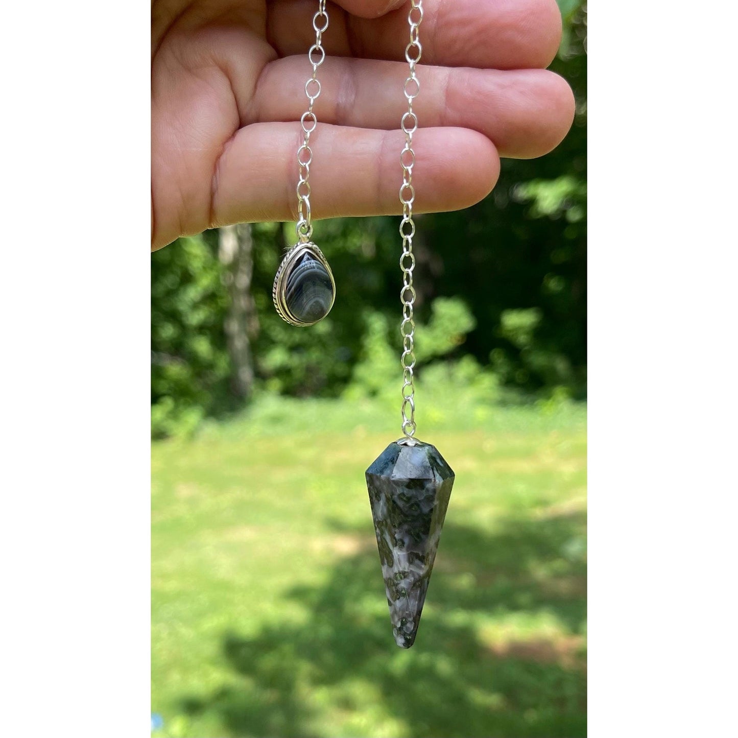 Indigo Gabbro & Banded Black Onyx Luxury Pendulum | Sterling Silver Chain | Mystic Merlinite Divination Tool