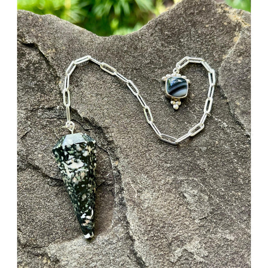 Black Zebra Jasper Pendulum with Banded Black Agate Handle | Sterling Silver Chain | Luxury Crystal Pendulum | Divination Tool One of a Kind