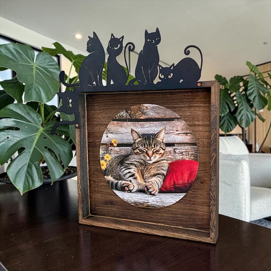 Cat Wall Art 10.5” | Cat Lover Decor | Rustic Wood Framed Cat Art