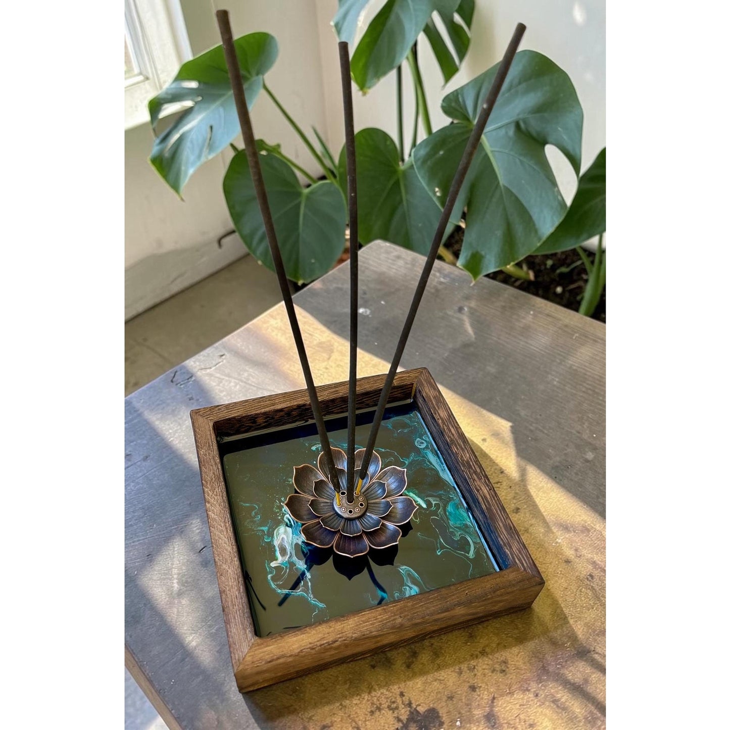 Glacial Vein Collection Lotus Incense Burner Resin Art Decor | Turquoise Lotus Burner | Meditation Altar Decor | 4 Inch