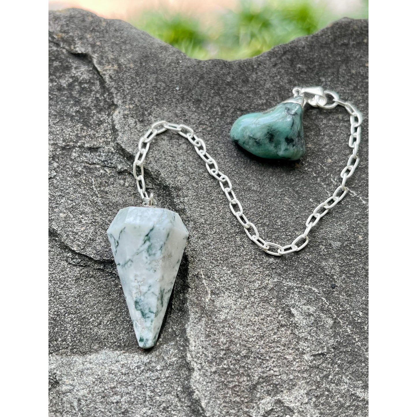 Luxury Tree Agate Pendulum with Raw Emerald Handle | Sterling Silver Chain | Crystal Divination Tool | Meditation & Spiritual Gift |