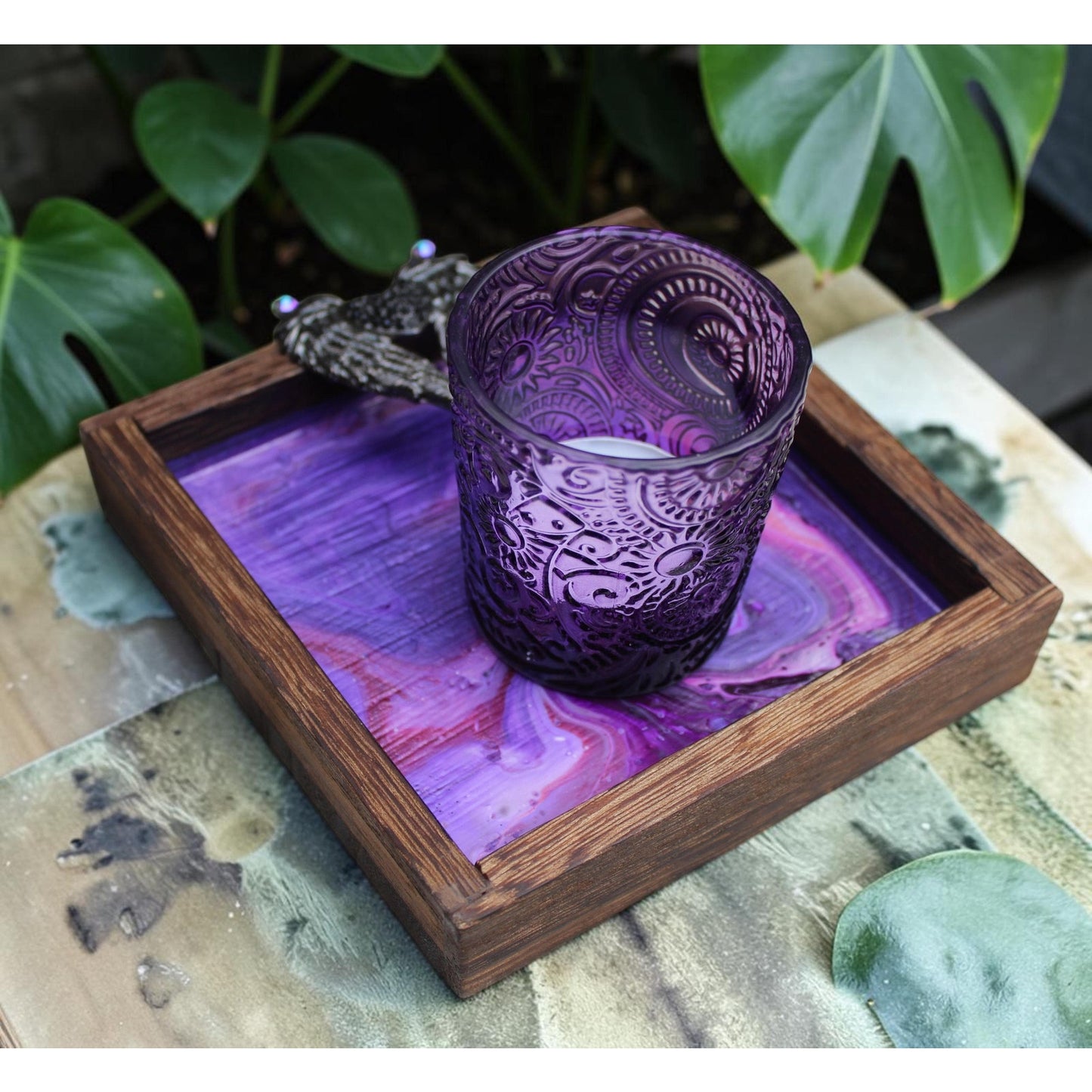 Candle Holder and Candle Angel Wings Hand Painted Wood