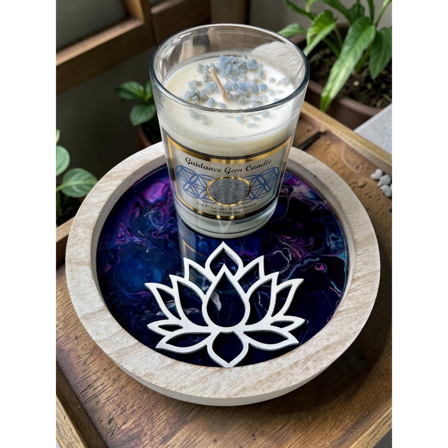 Hand Painted Resin Lotus Tray with Frankincense Candle – Angelite Crystal Candle – Spiritual Altar Decor – 8” Round Meditation Tray