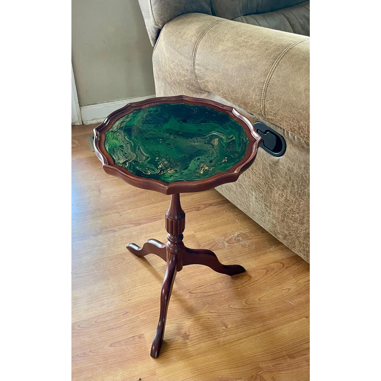 Vintage Resin Art Side Table – Emerald Tide Pour – Hand Painted Wood Table – One of a Kind Accent Table – Upcycled Furniture