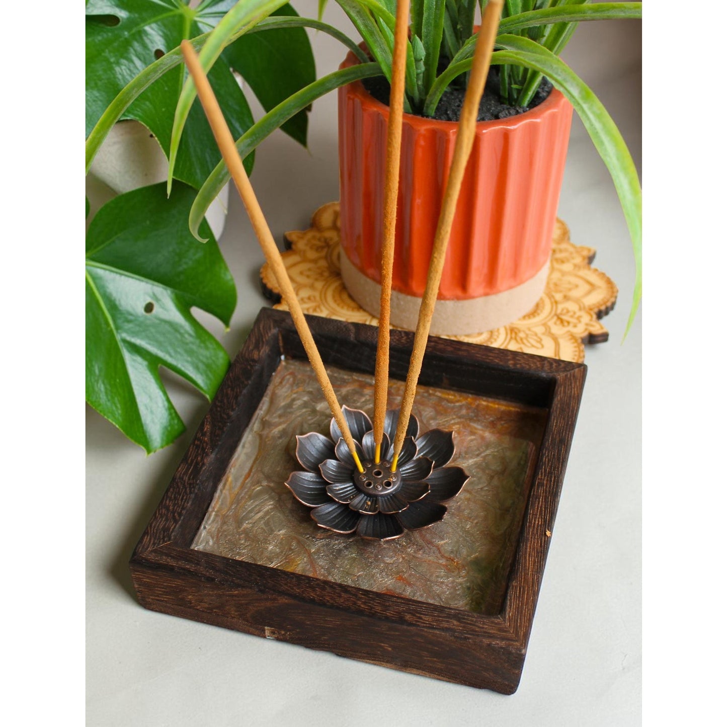 Lotus Incense Holder • Hand Painted Resin Art Tray •