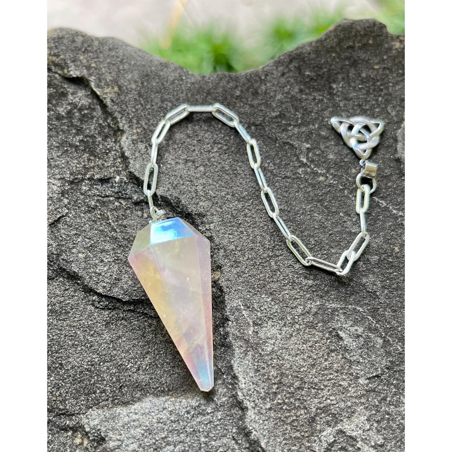 Angel Aura Rose Quartz Pendulum | Sterling Silver Triquetra Handle | Heavy Sterling Silver Chain | Crystal Pendulum | Handmade Gift