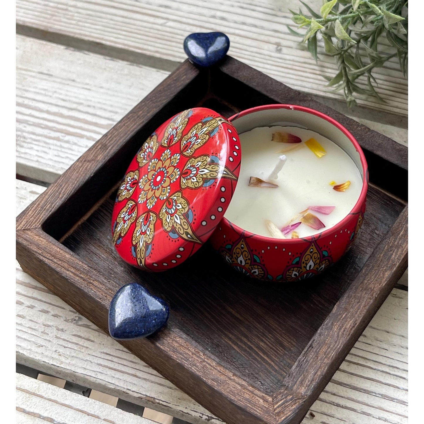 Lapis Lazuli Heart Gift Set | Mini Tray with Soy Candle & Dried Flowers | Crystal Decor | Spiritual Gift | Handmade Home Decor
