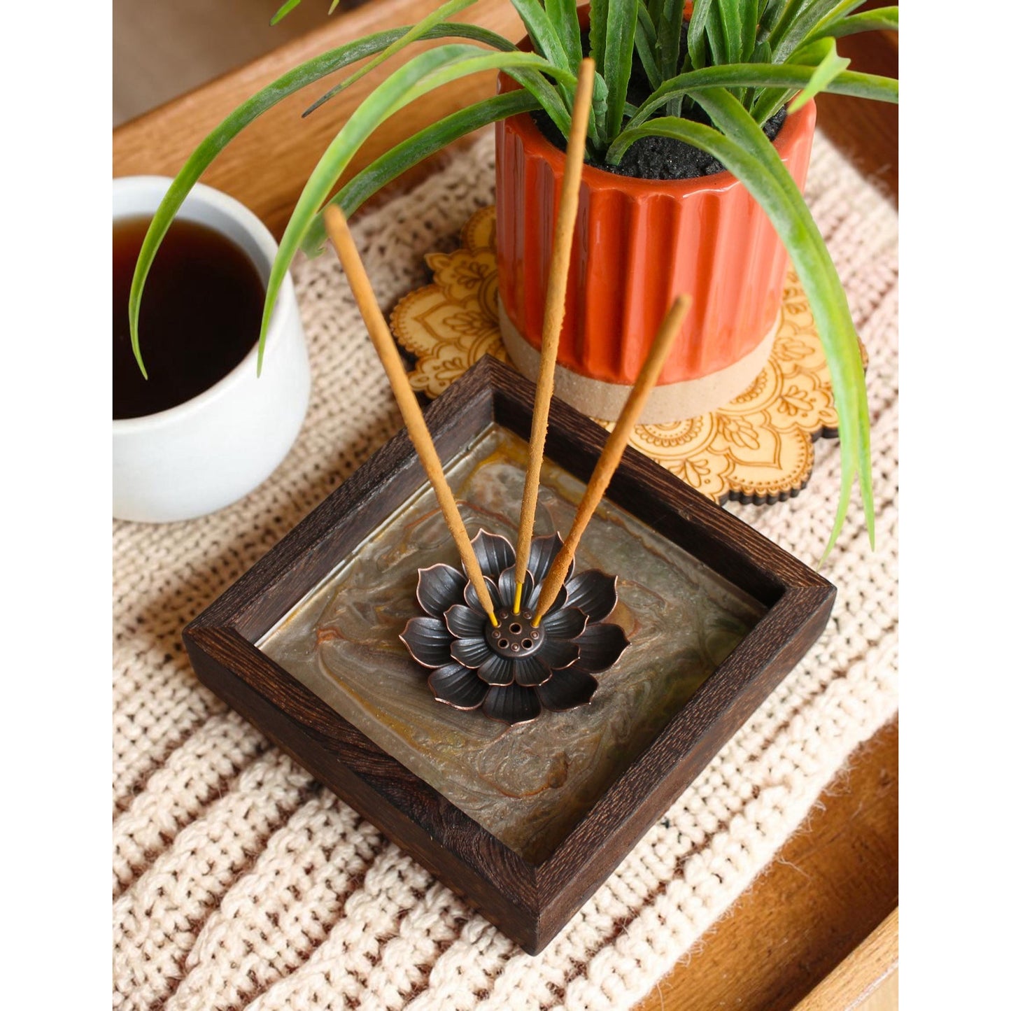 Lotus Incense Holder • Hand Painted Resin Art Tray •