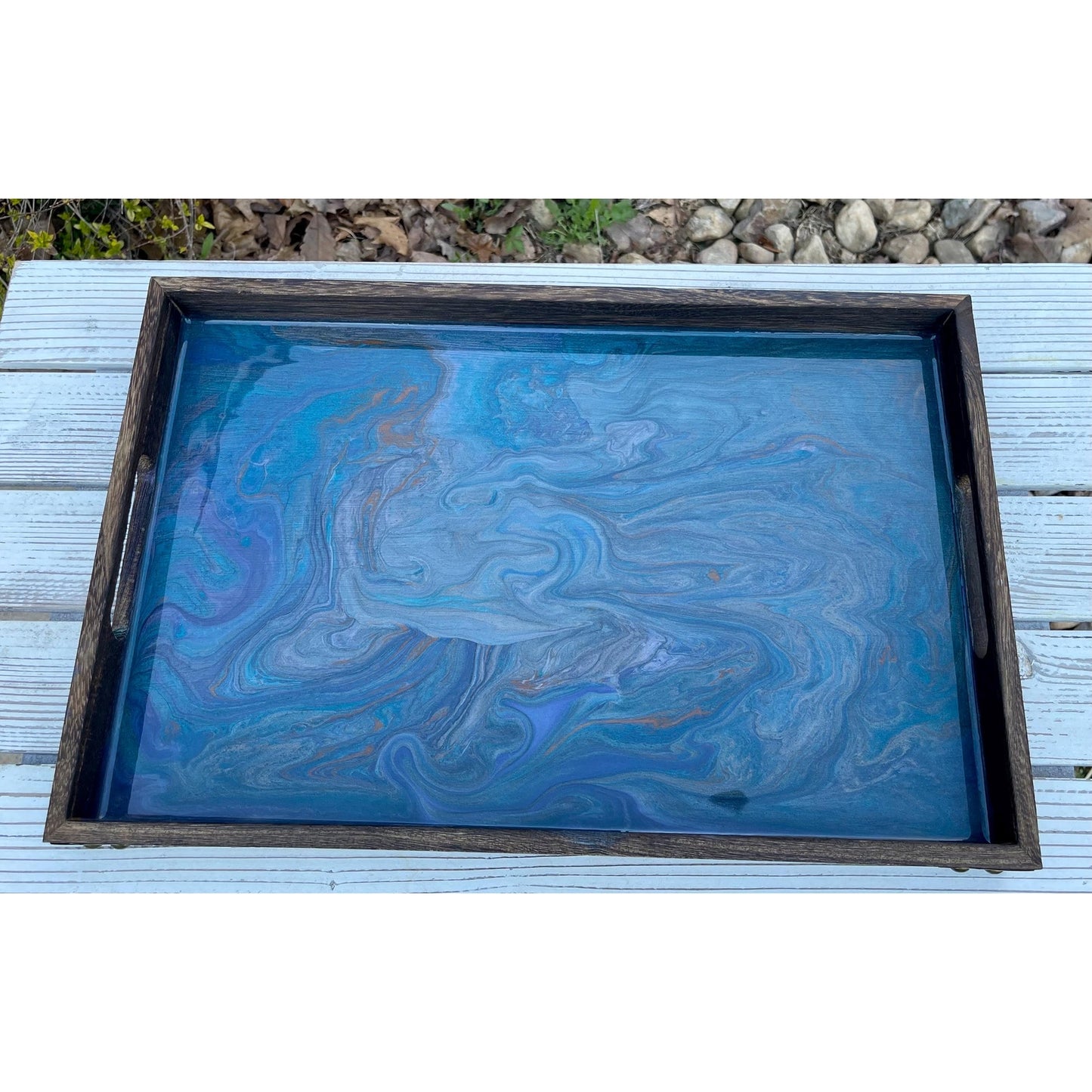 Mara Quiet Depth Resin Tray • Large Blue Abstract Serving Tray • Acrylic Pour Art • Statement Home Decor • Handmade Coffee Table Tray