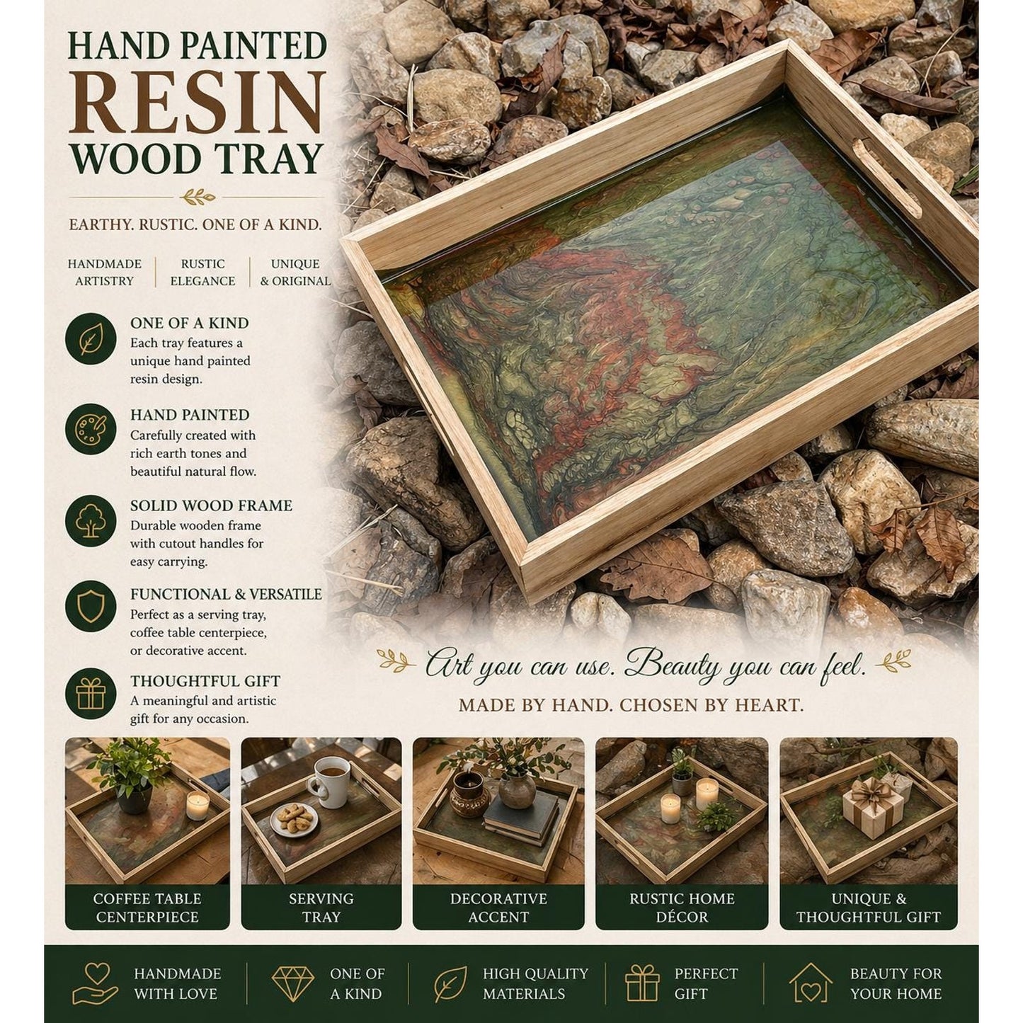Large Hand Painted Resin Wood Tray • Earth Tone Serving Tray •