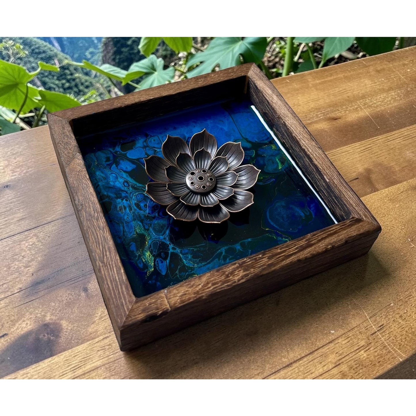 Blue Morpho Abyss Lotus Incense Holder | Handmade Resin Art Decor | Sapphire & Turquoise Lotus Burner | Meditation Altar Decor | 4 Inch