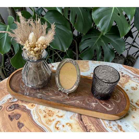 Hand Painted Resin Tray Decor Set | Vintage Taiwan Frame | Glass Vase with Dried Flowers | Cottage Farmhouse Shelf Decor