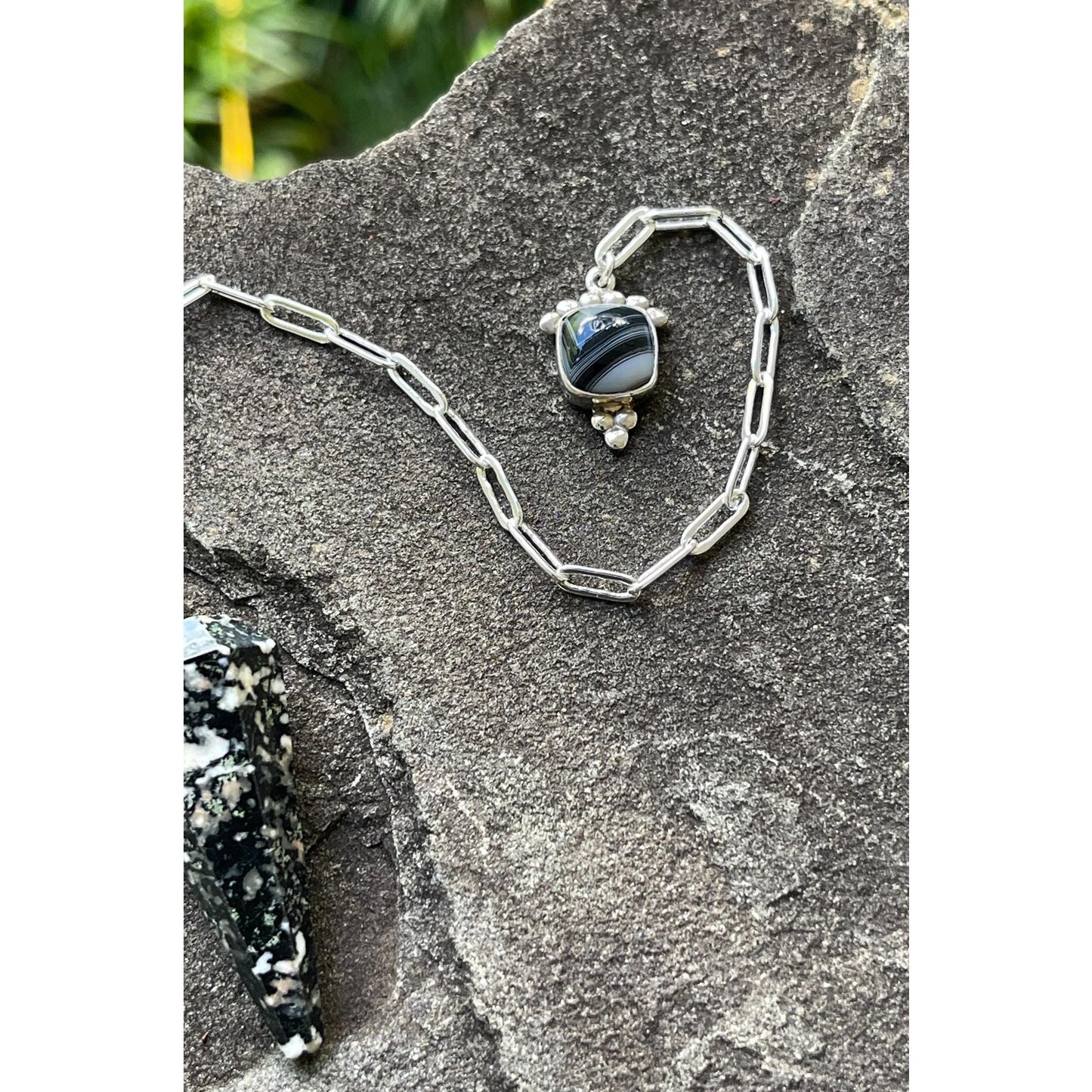 Black Zebra Jasper Pendulum with Banded Black Agate Handle | Sterling Silver Chain | Luxury Crystal Pendulum | Divination Tool One of a Kind