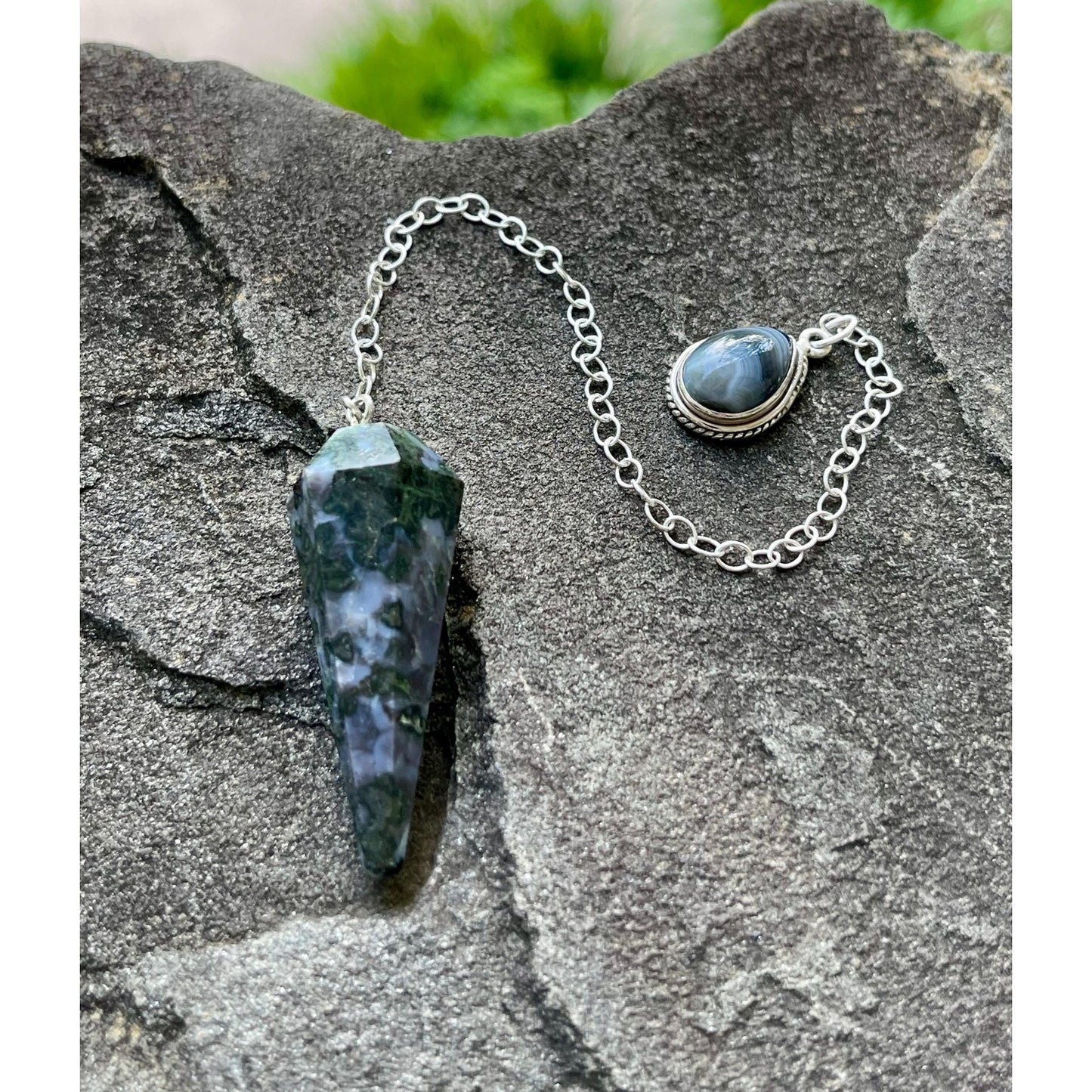 Indigo Gabbro & Banded Black Onyx Luxury Pendulum | Sterling Silver Chain | Mystic Merlinite Divination Tool