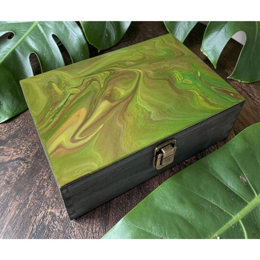 Hand Painted Wooden Stash Box | Abstract Fluid Art Keepsake Box | Crystal & Jewelry Storage | Moody Boho