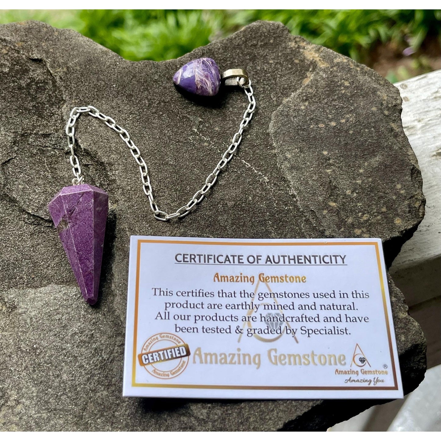 Luxury Stichtite Pendulum with Rare Russian Charoite Handle | Heavy Precious Metal Sterling Silver Chain | Handmade One-of-a-Kind