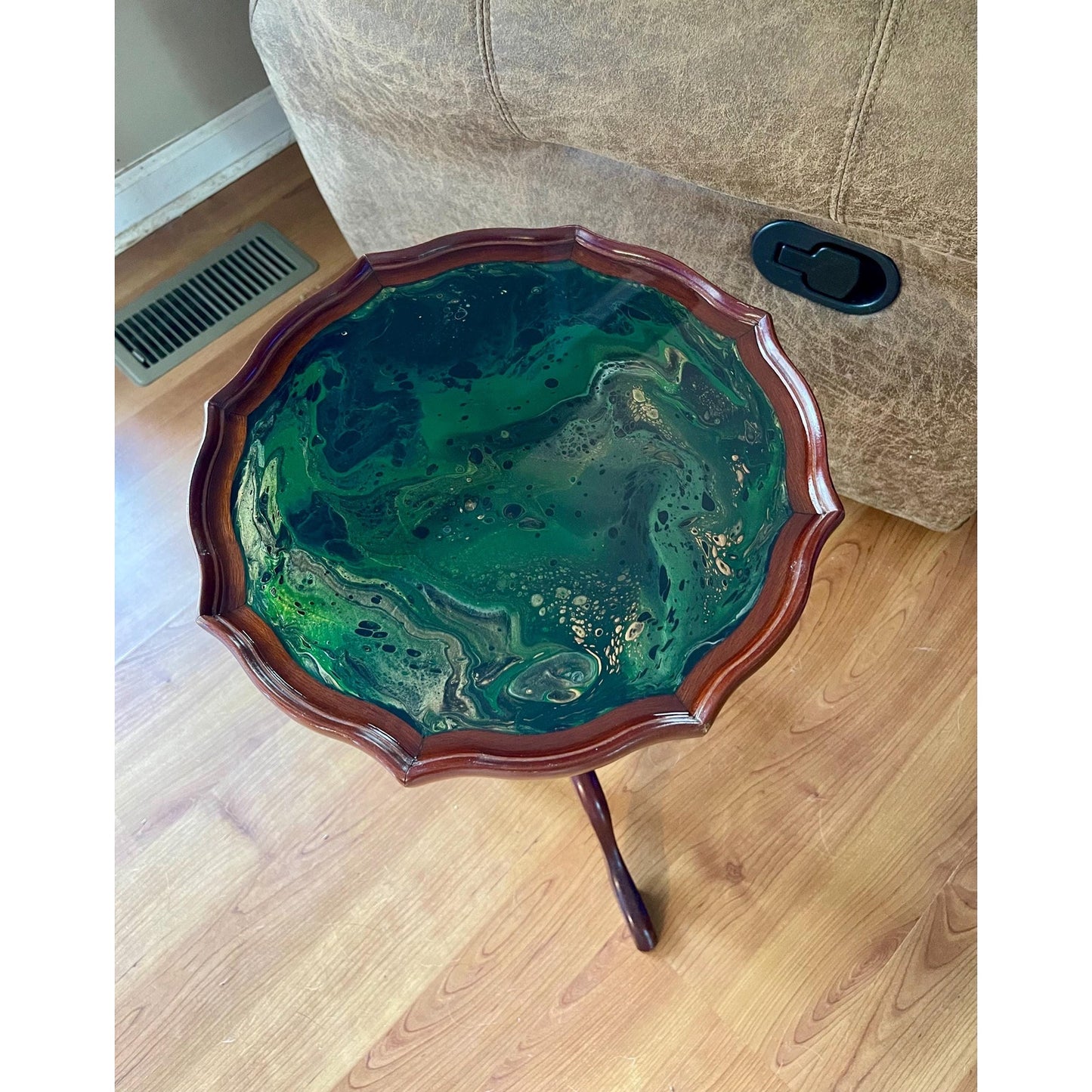 Vintage Resin Art Side Table – Emerald Tide Pour – Hand Painted Wood Table – One of a Kind Accent Table – Upcycled Furniture