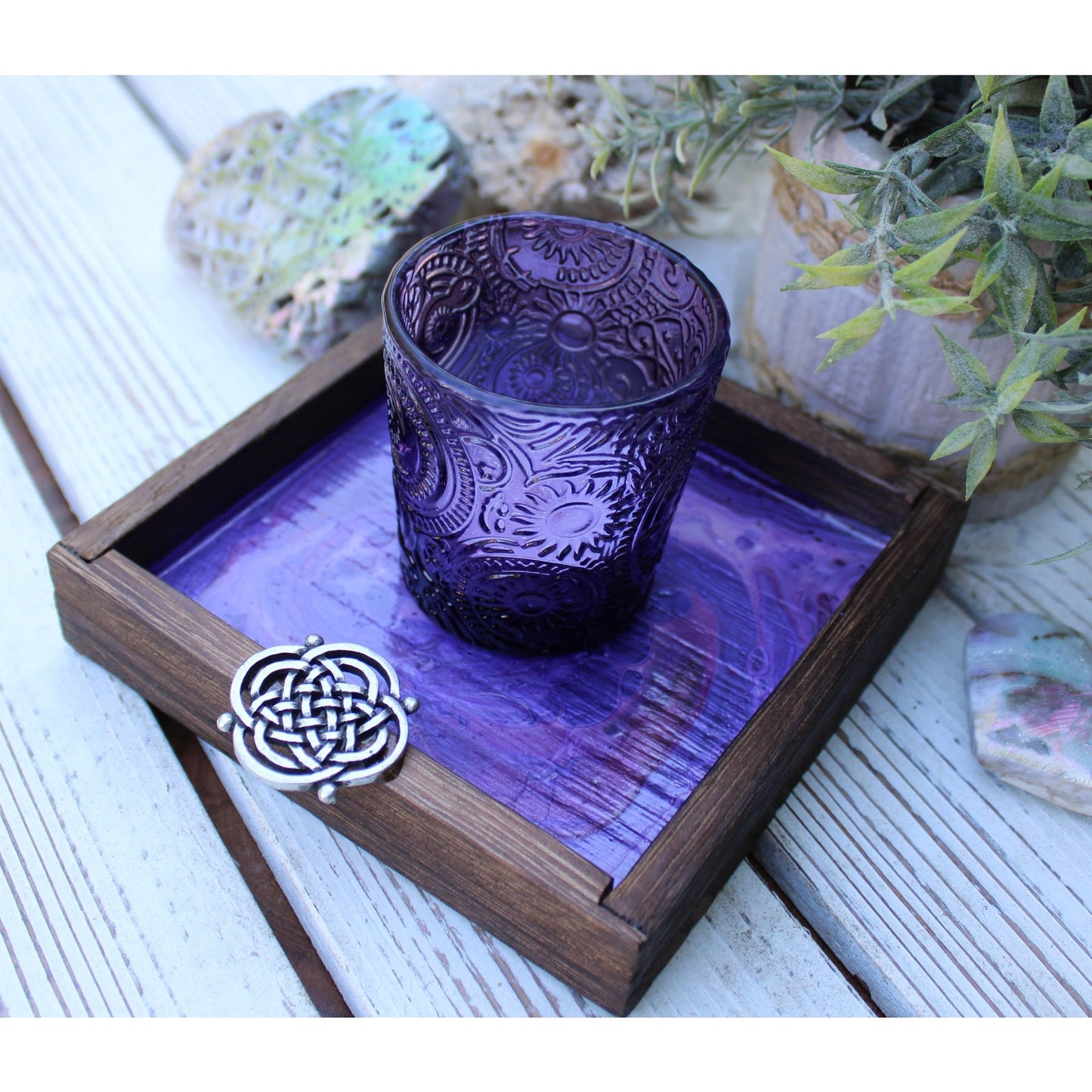 Candle Holder and Candle Celtic Harmony Hand Painted Wood