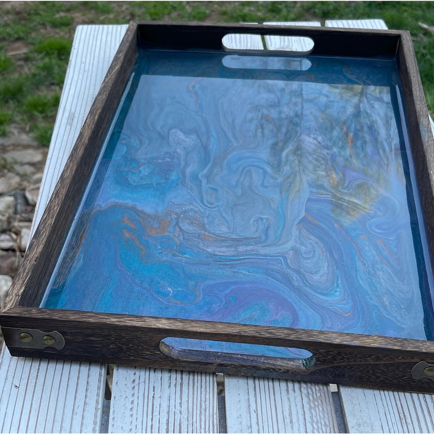 Mara Quiet Depth Resin Tray • Large Blue Abstract Serving Tray • Acrylic Pour Art • Statement Home Decor • Handmade Coffee Table Tray