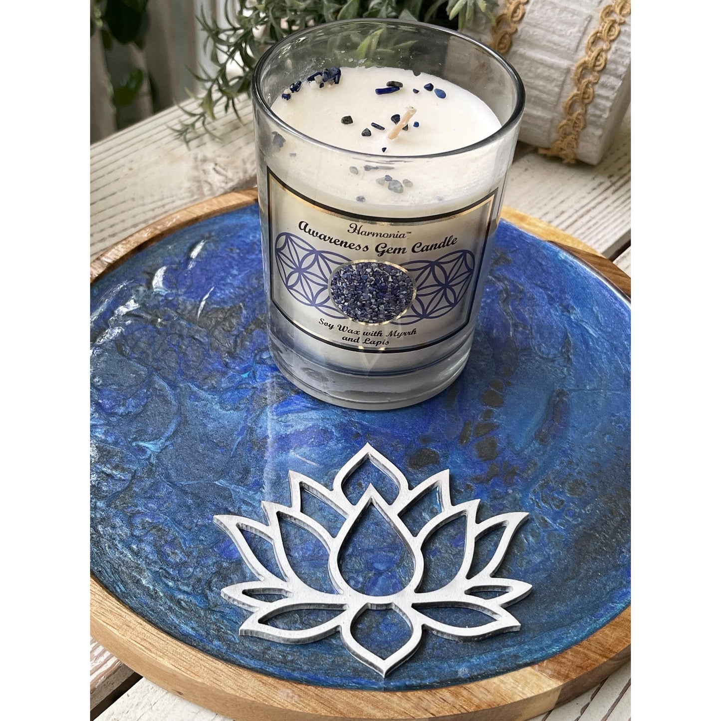 Hand Painted Blue Lotus Tray with Soy Candle Set | Meditation Decor | Acrylic Pour Art | Spiritual Home Decor | One of a Kind Gift