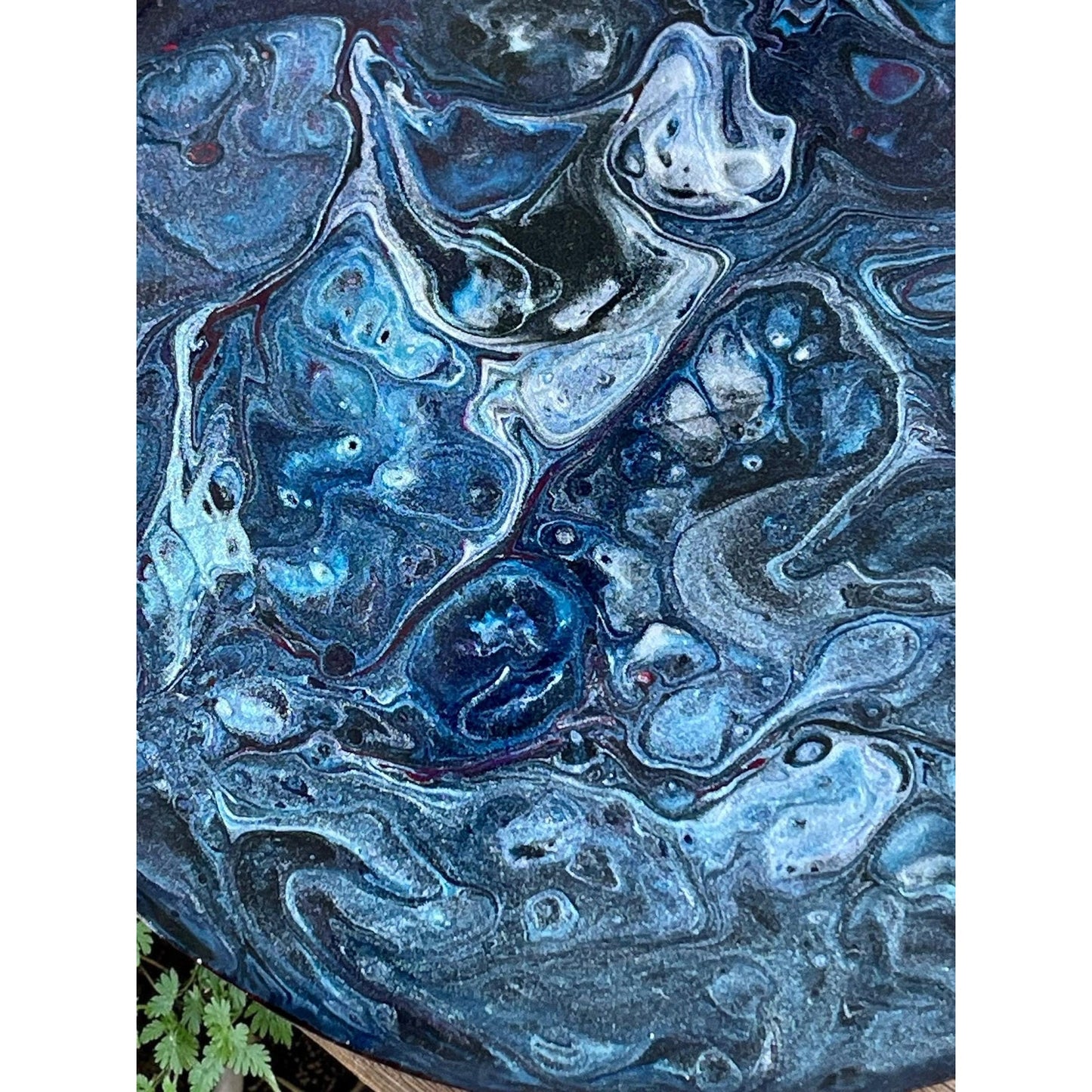 Midnight Tide Lunar Vein Pedestal Tray | Resin Fluid Art Decor | Celestial Blue Wood Stand | Handmade Altar Tray | Moody Ocean Inspired Art