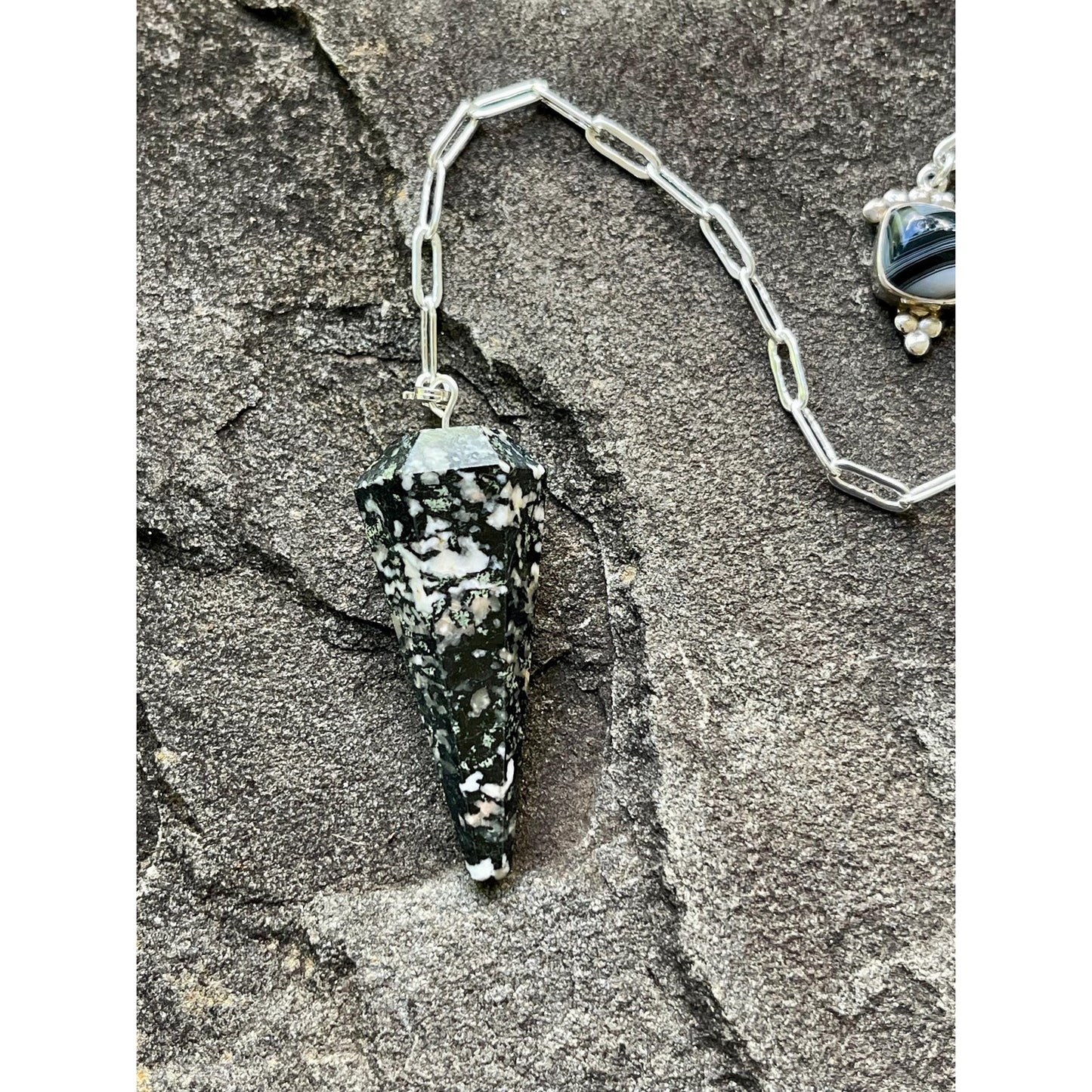 Black Zebra Jasper Pendulum with Banded Black Agate Handle | Sterling Silver Chain | Luxury Crystal Pendulum | Divination Tool One of a Kind