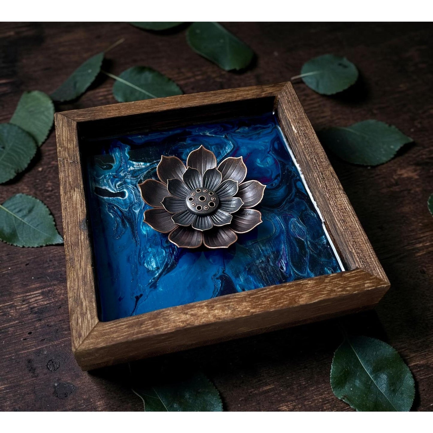 Midnight Tide: Lunar Vein Lotus Incense Holder – Hand Painted Resin Art Burner – Moody Blue and Black Meditation Decor – Wooden Zen Tray