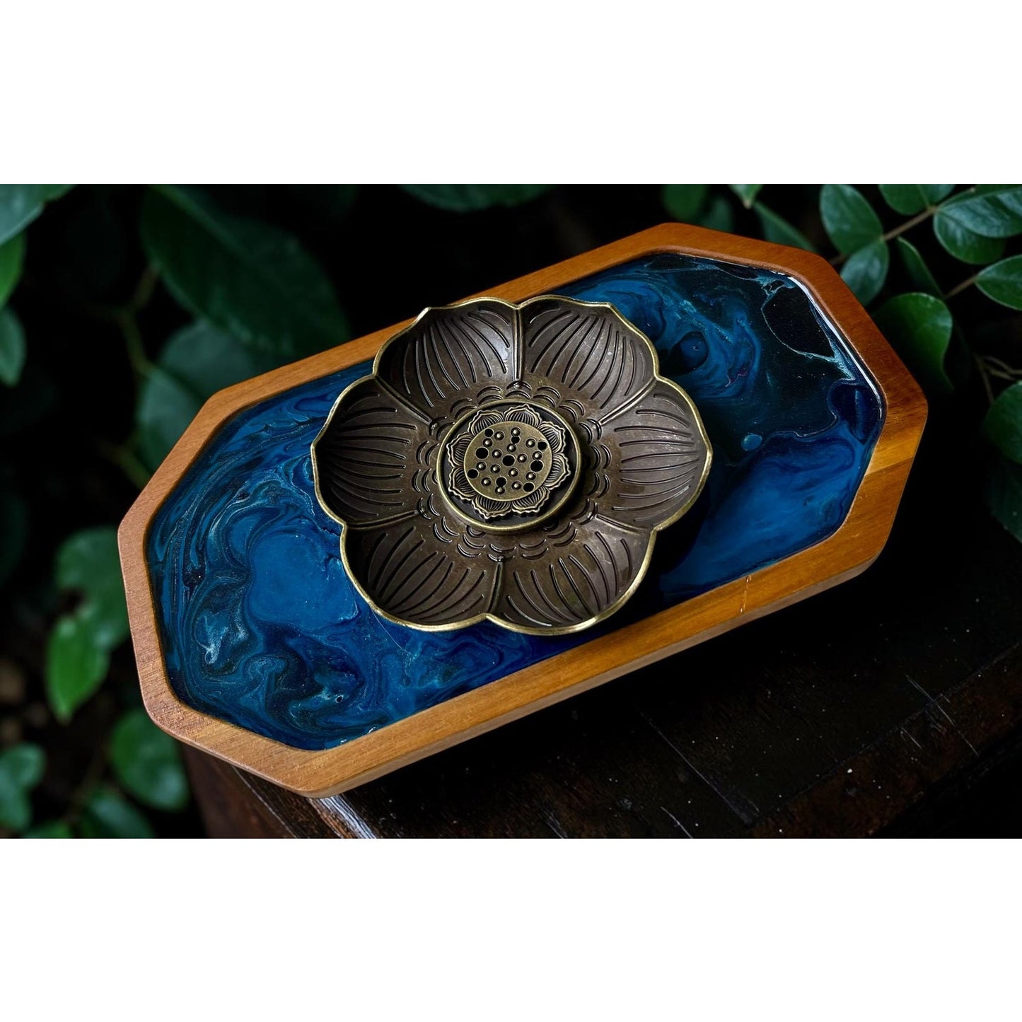 Midnight Tide Lunar Vein Lotus Incense Tray | Handmade Resin Art | Stick & Cone Burner | Meditation Spiritual Decor