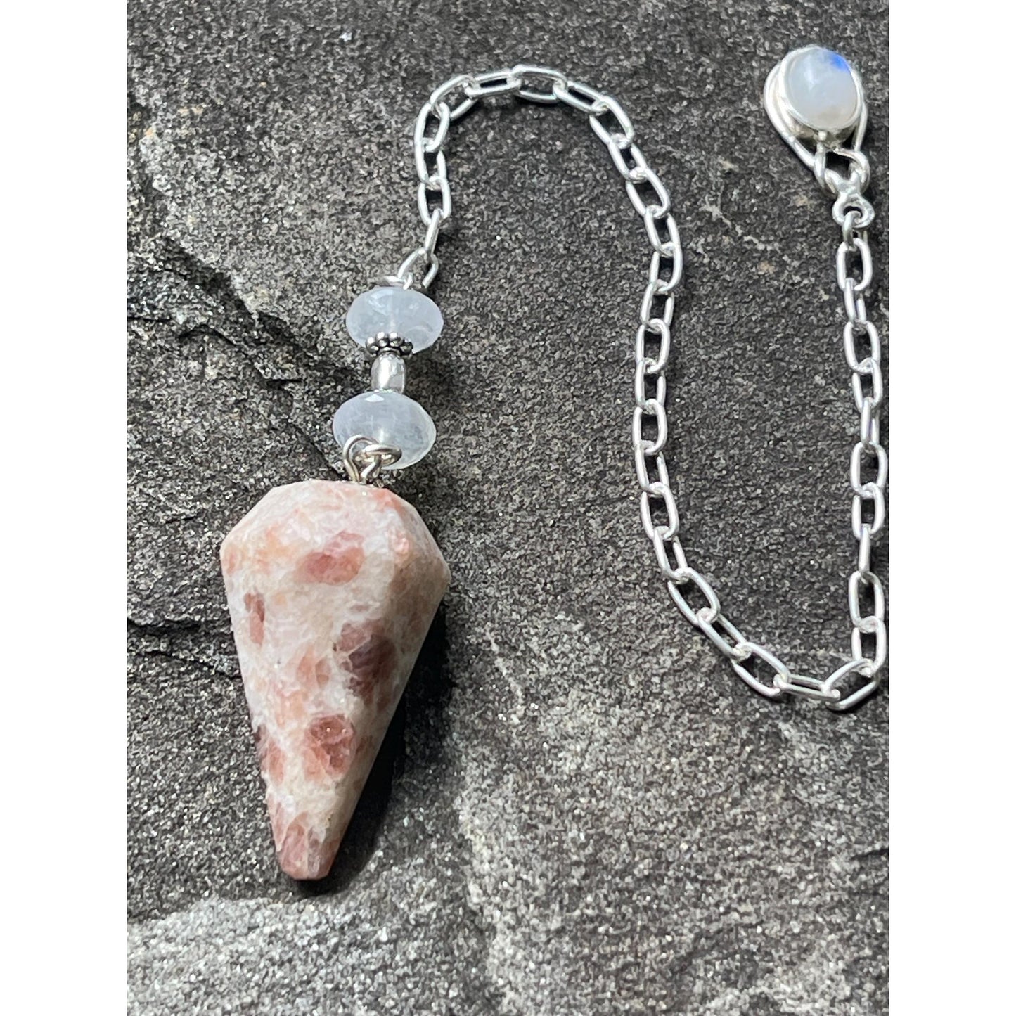 Luxury Peach Moonstone Pendulum | Heavy Sterling Silver Precious Metal Chain | Moonstone Sterling Silver Handle | Handcrafted Pendulum