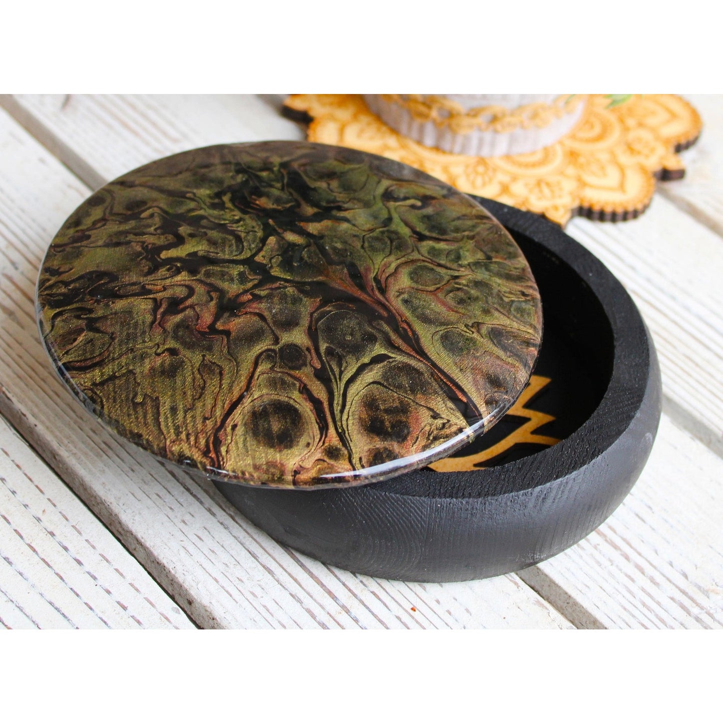 Black Gold Jewelry Box • Hand Painted Keepsake Box •