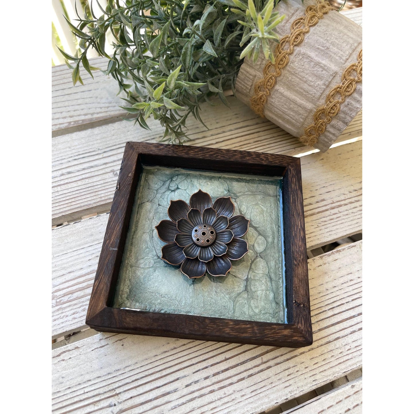 Hand Painted Lotus Incense Holder – Resin Sealed Acrylic Pour Art –