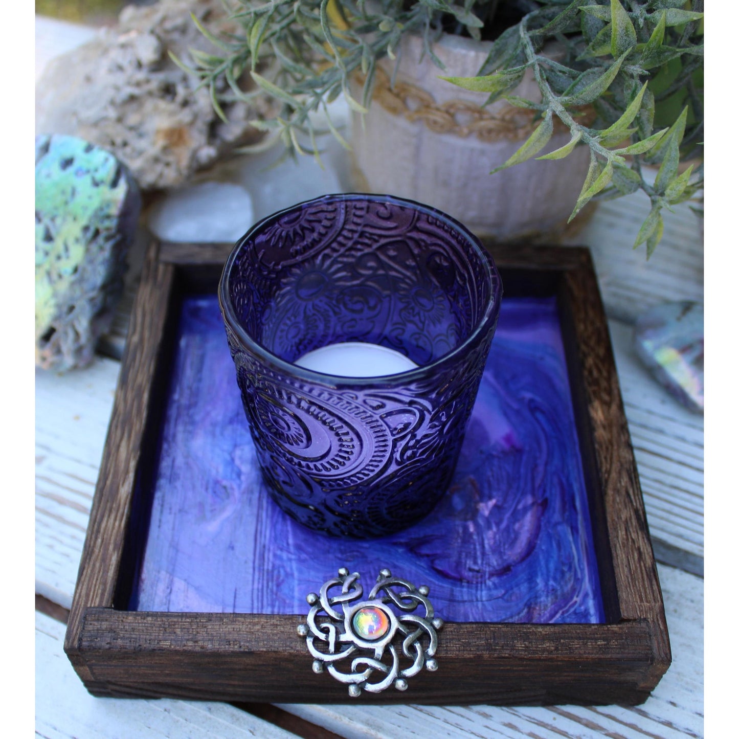 Candle Holder and Candle Celtic Harmony Hand Painted Wood