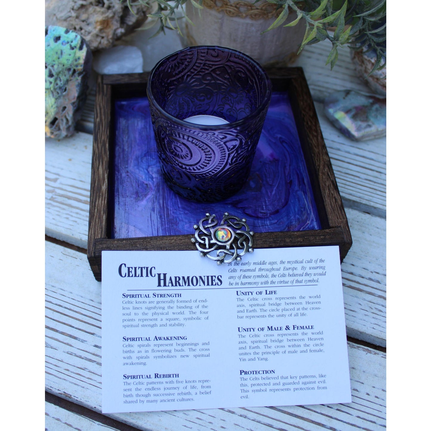 Candle Holder and Candle Celtic Harmony Hand Painted Wood