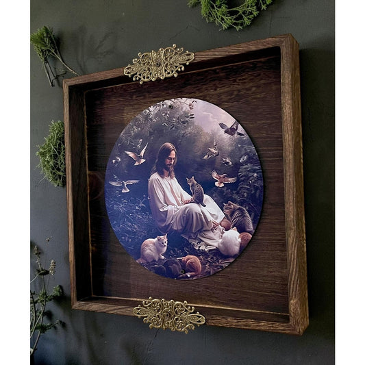Jesus with Cats and Birds Wall Art | Christian Cat Lover Decor | Rustic Framed Religious Wall Hanging | Ready to Hang | One of a Kind