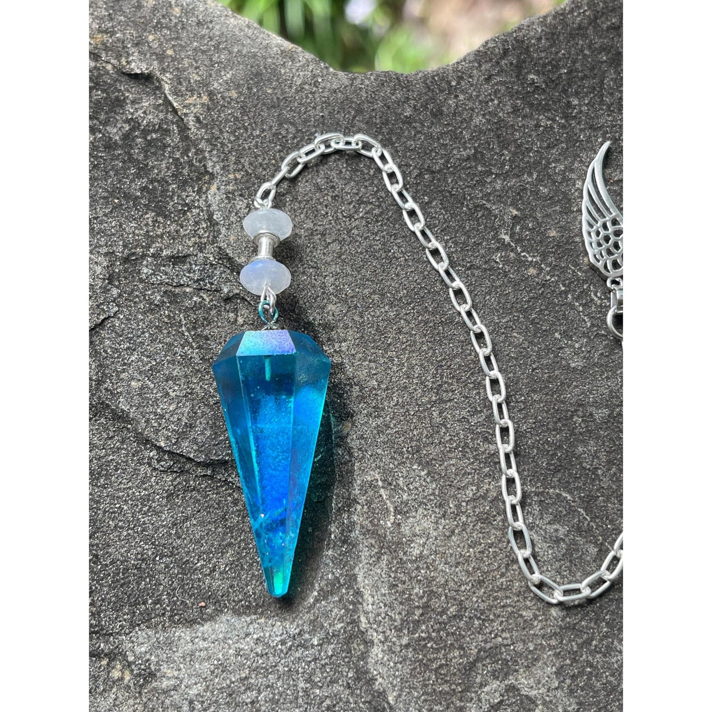 Luxury Blue Aqua Aura Quartz Pendulum with Sterling Silver Angel Wing | Heavy Precious Metal Sterling Silver Chain | Handmade Pendulum