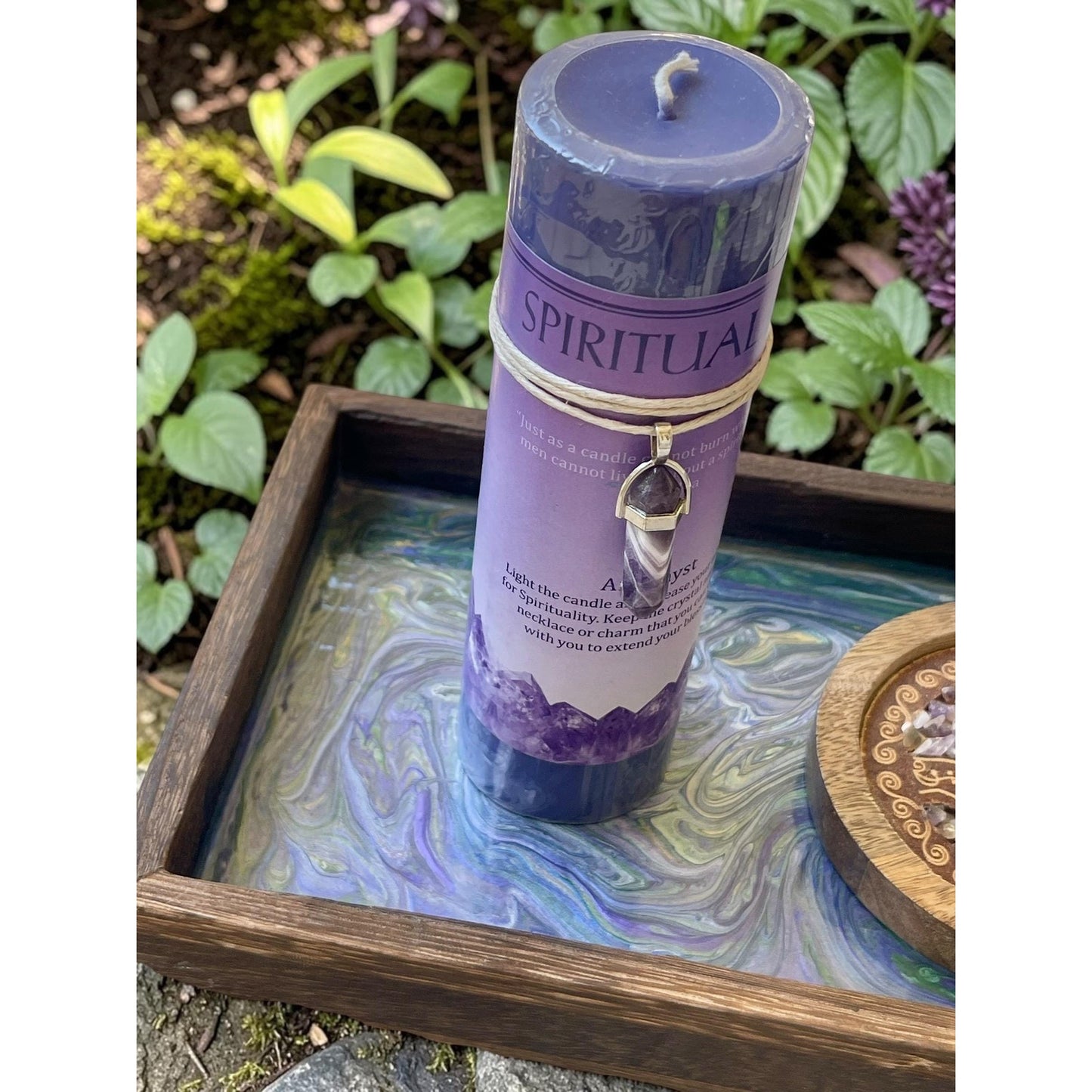 Hand Painted Spiritual Tray with Amethyst Intention Candle & Incense Holder – Meditation Altar Decor – Crystal Ritual Se