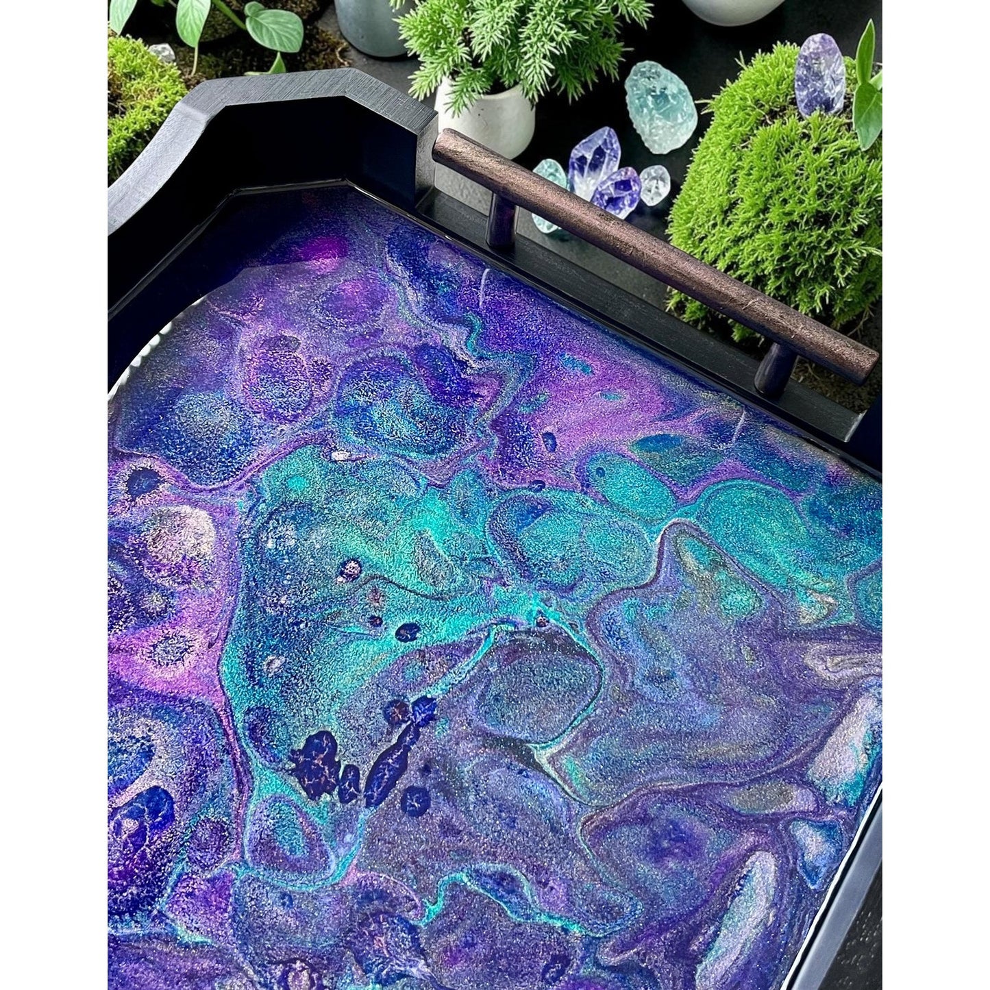Moonstone Abysse Resin Art Tray | Celestial Decorative Tray | Indigo Teal Fluid Art | Handmade Serving Tray | Luxury Mystic Home Decor