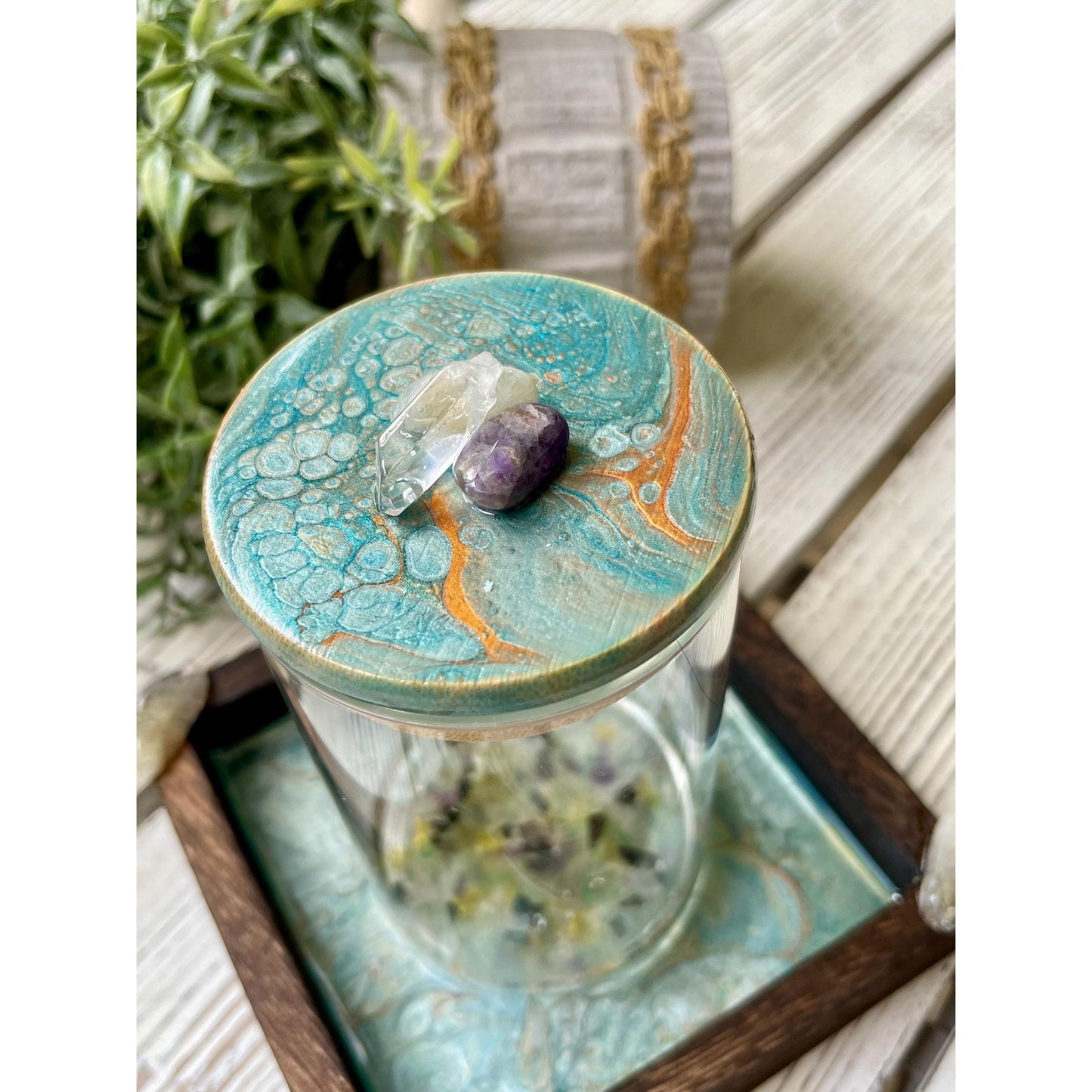 Manifestation Prayer Jar Set with Citrine, Amethyst & Clear Quartz – Hand Painted Tray – Crystal Intention Jar Spiritual Gift Energy Ritual