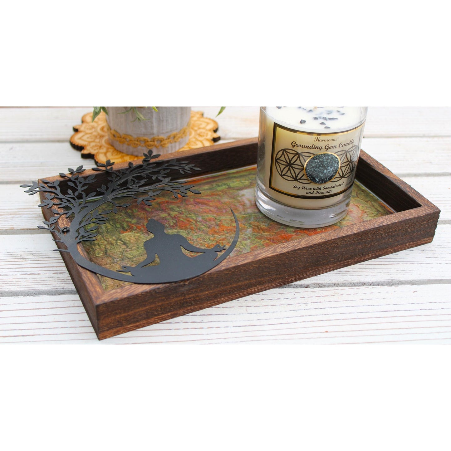 Meditation Altar Set • Resin Wood Tray with Gemstone Soy Candle •