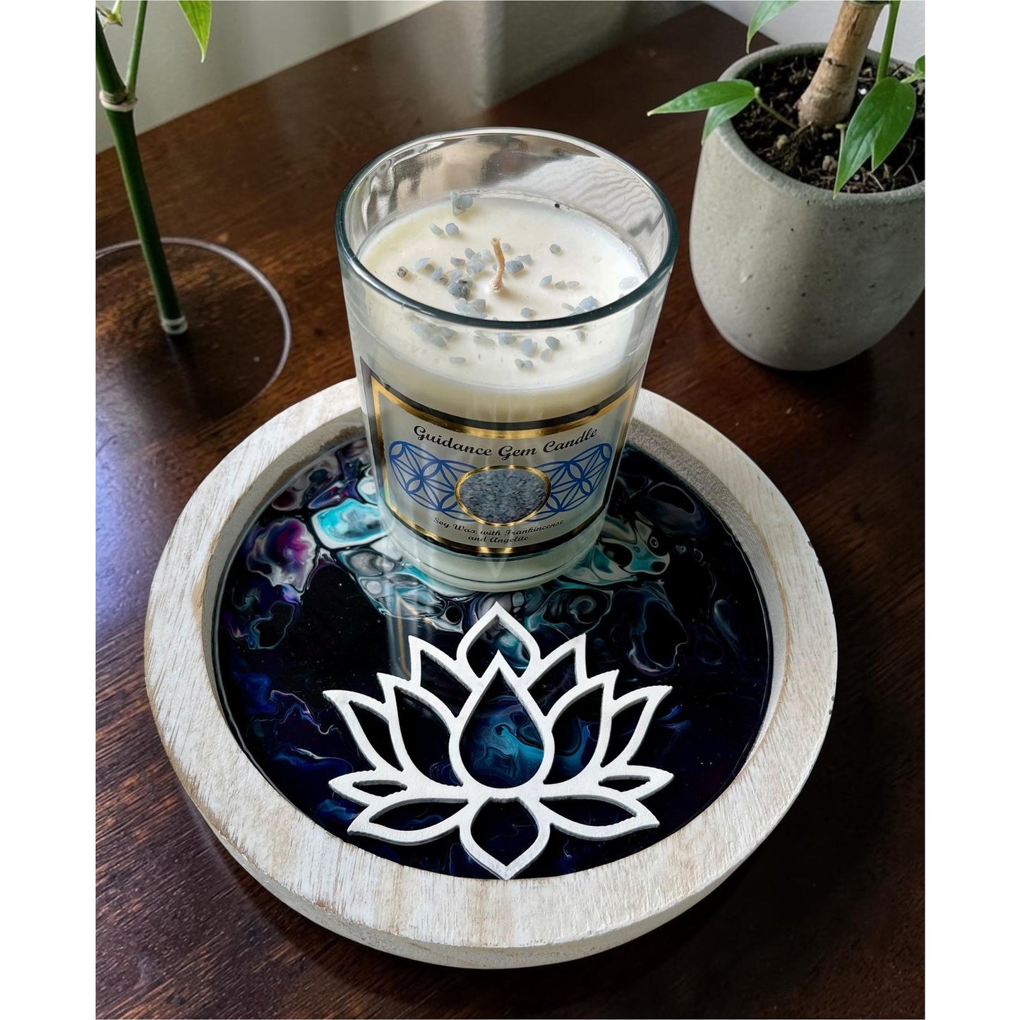 Hand Painted Resin Lotus Tray with Frankincense Candle – Angelite Crystal Candle – Spiritual Altar Decor – 8” Round Meditation Tray