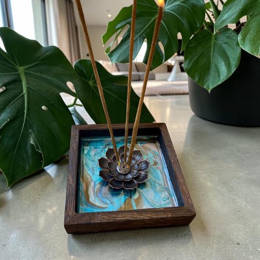 Lotus Incense Holder – Teal & Earth Tone Resin Art Tray – Wood Framed