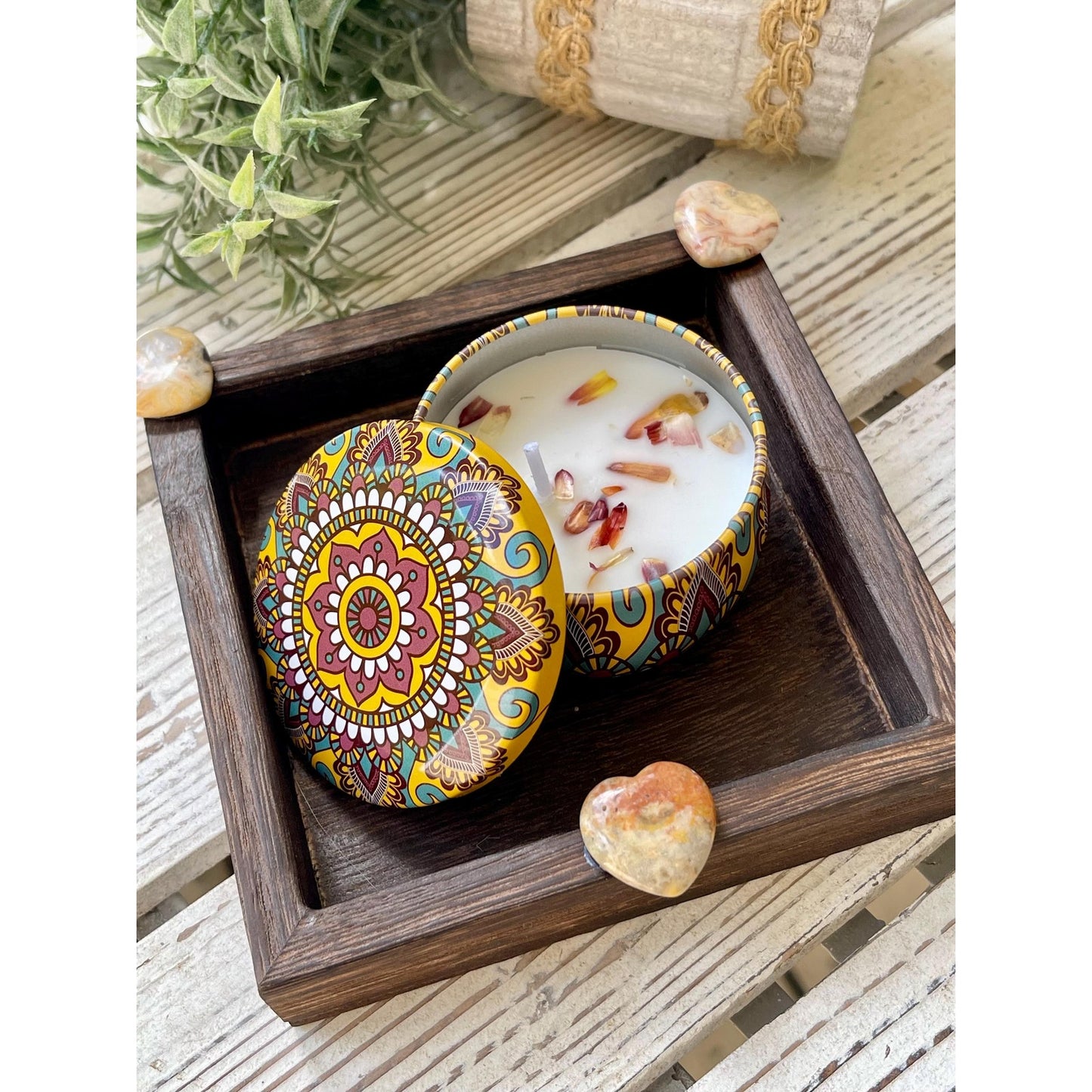 Lace Agate Heart Gift Set | Mini Tray with Soy Candle & Dried Flowers |