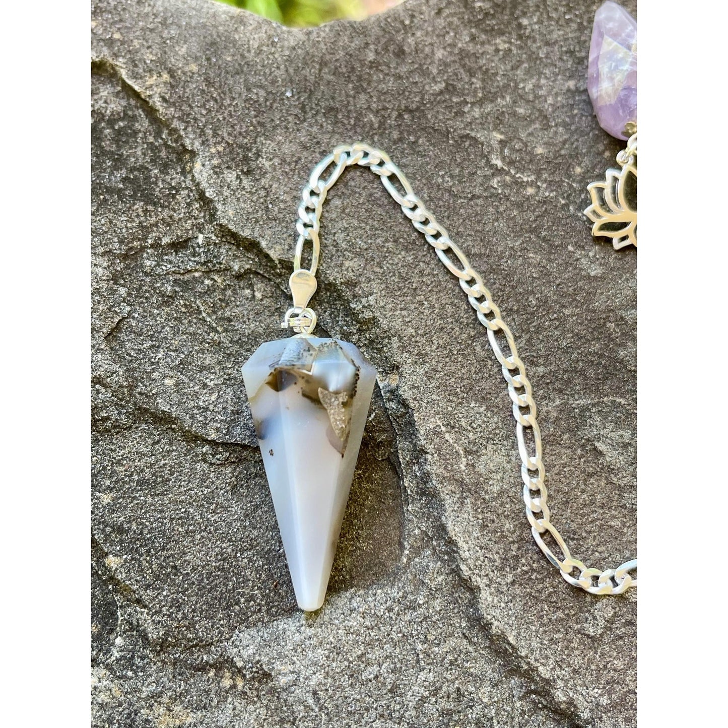 Luxury Dendrite Agate Pendulum | Amethyst Holder | Sterling Silver Lotus | Italian Sterling Silver Plated Chain | Handmade Crystal Pendulum