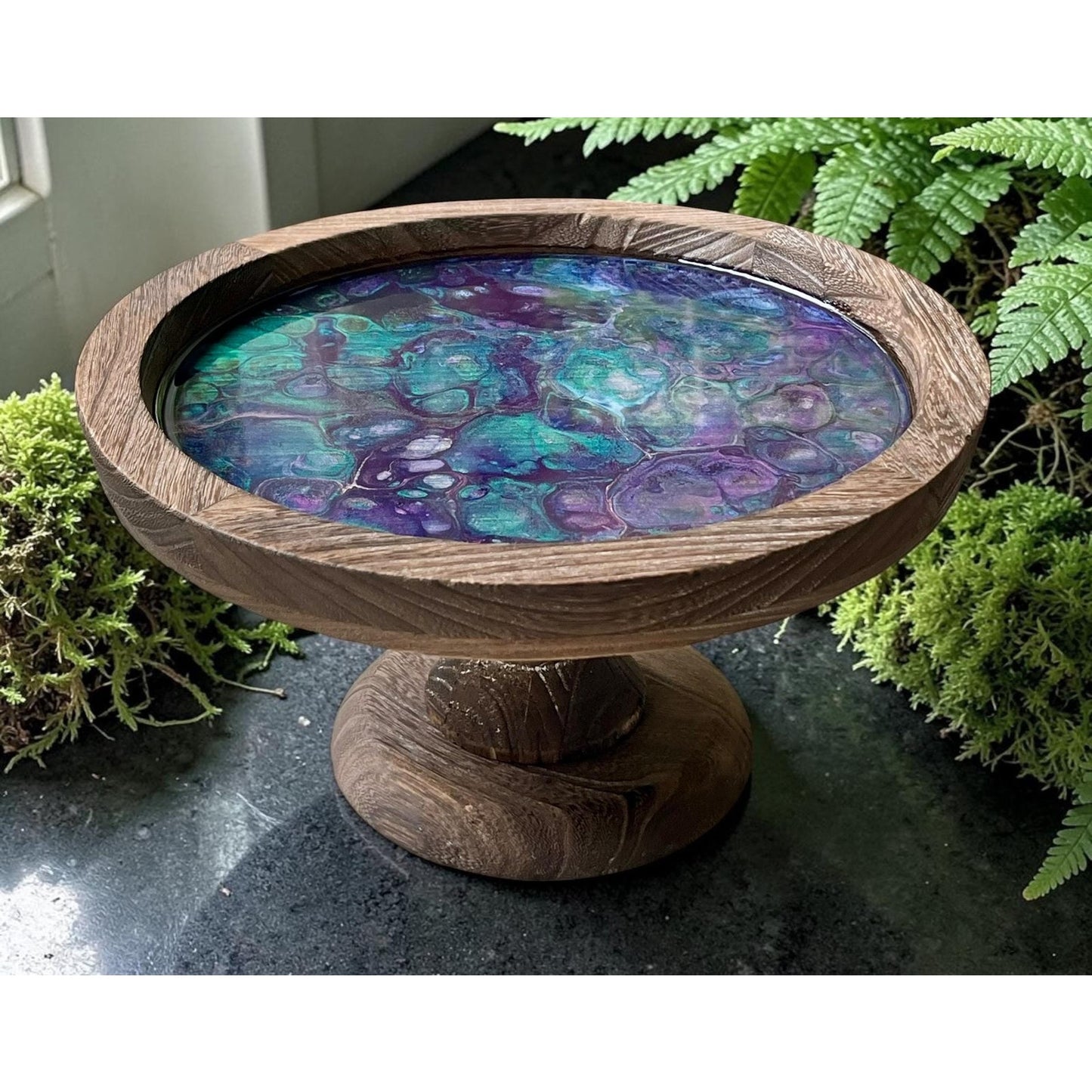 Moonstone Abyss Collection Pedestal Tray – Hand Painted Resin Art Bowl  –